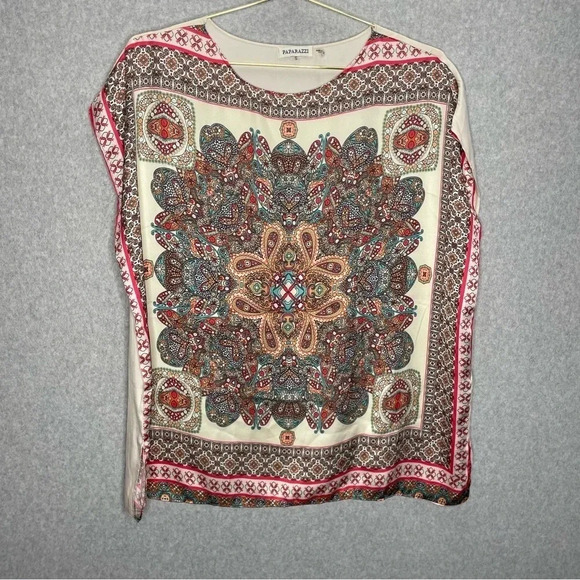 Paparazzi Satin Oversized Paisley Boho Multi Colored Boxy Blouse - Picture 1 of 5